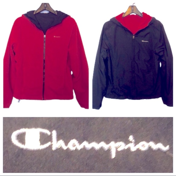 CHAMPION REVERSIBLE BLACK/RED FLEECE & NYLON HOODIE/JACKET • sz M - Picture 1 of 17